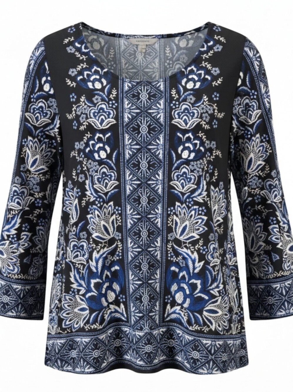 Roz & Ali Black Tunic with Blue and White Floral Print